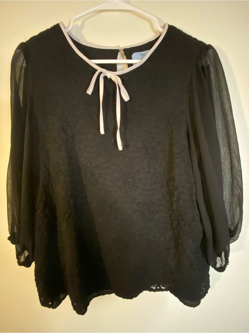 CeCe Black Floral Lace Blouse with Cream Neck Tie